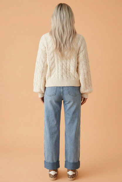 PRETTY BASH Solid Denim Scalloped Side Seam Mid Rise Jeans
