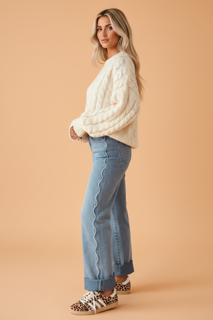 PRETTY BASH Solid Denim Scalloped Side Seam Mid Rise Jeans