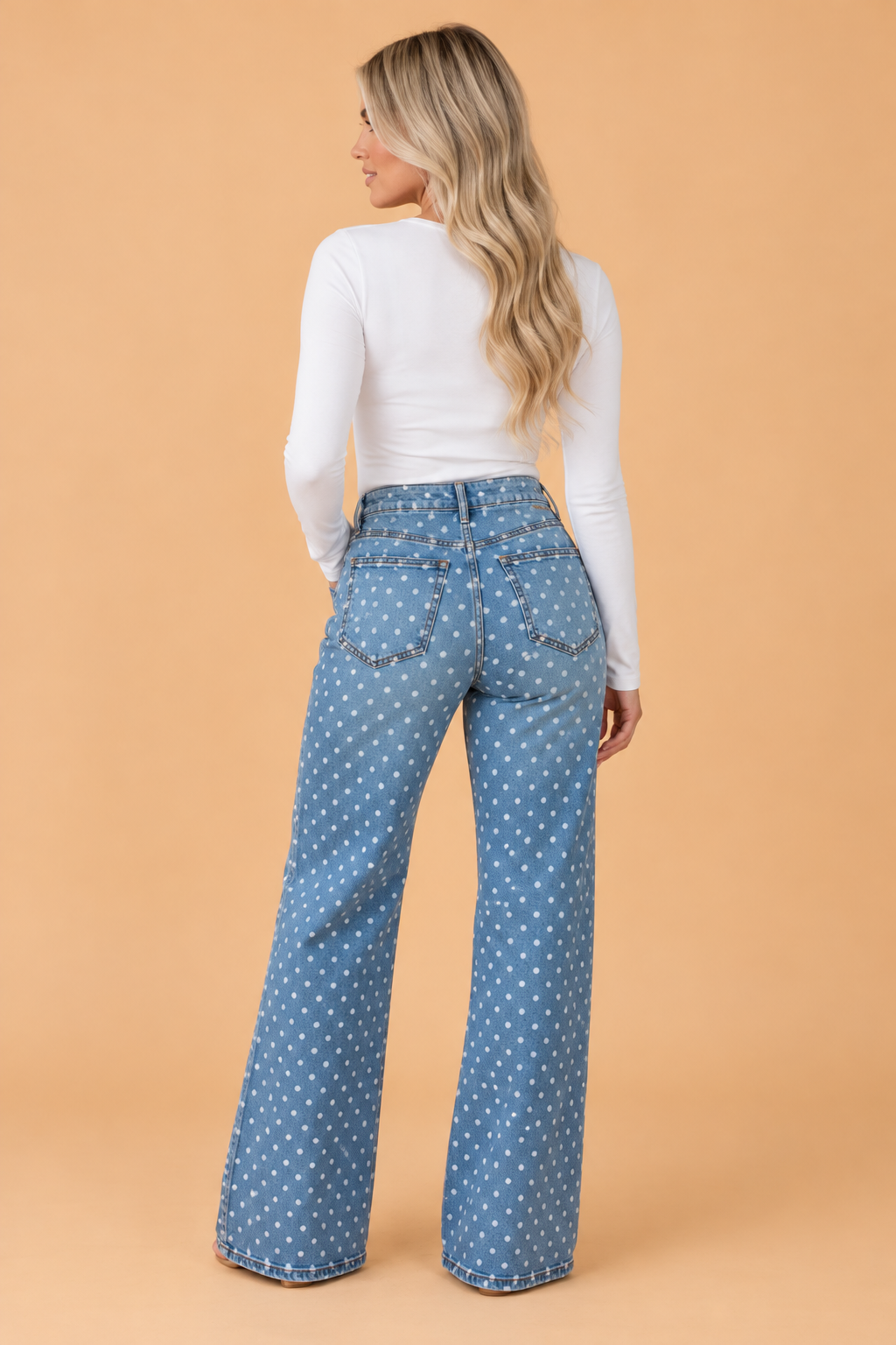 PRETTY BASH Polka Dot High Waist Wide Leg Jeans