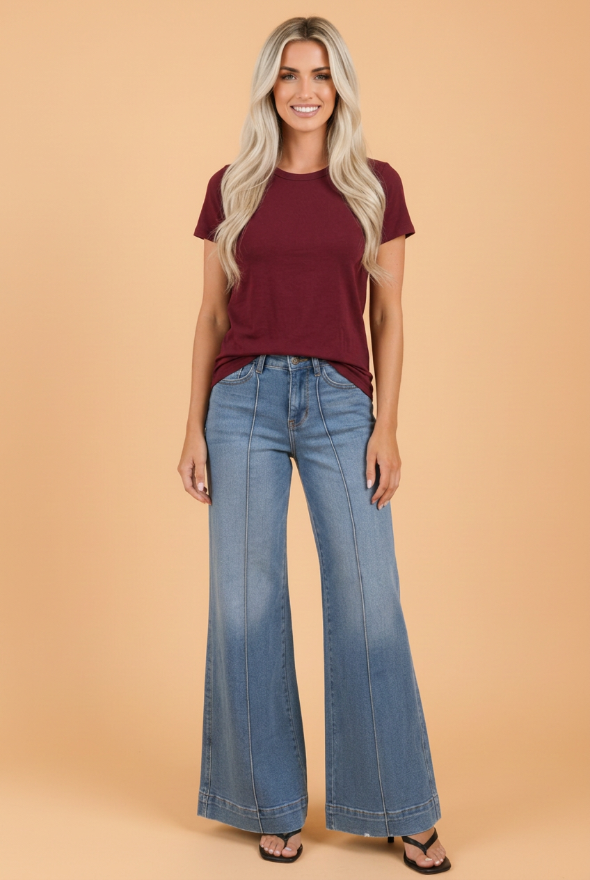 PRETTY BASH Denim Center Seam High Waist Flare Leg Jeans