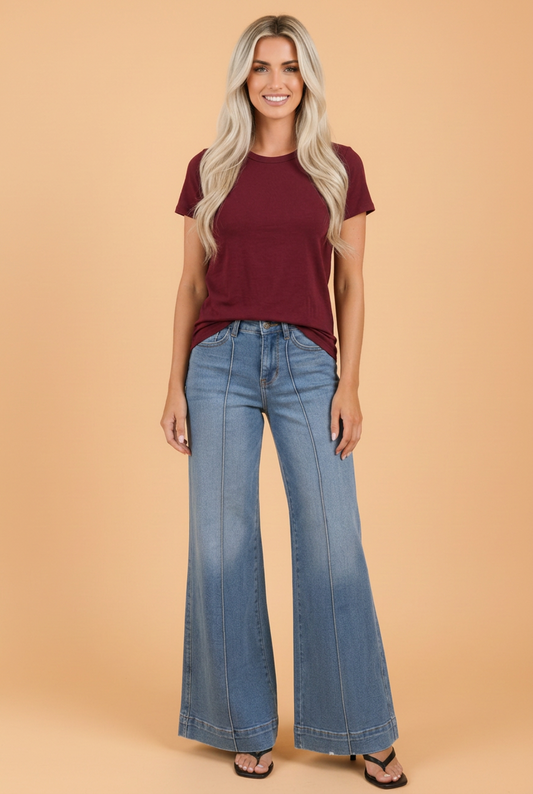 PRETTY BASH Denim Center Seam High Waist Flare Leg Jeans