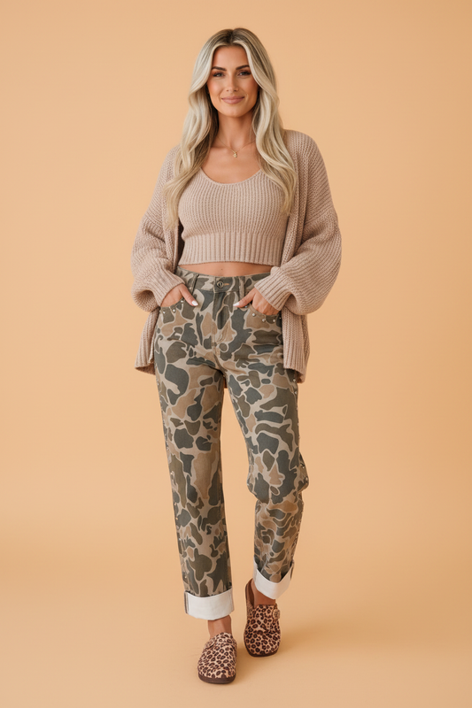 PRETTY BASH Camo Denim Studded Side Straight Leg Jeans
