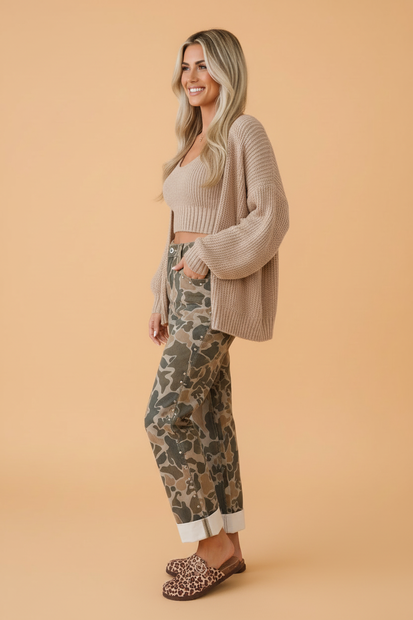 PRETTY BASH Camo Denim Studded Side Straight Leg Jeans