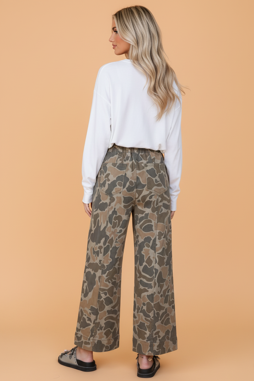 PRETTY BASH Camo Exposed Seam Drawstring Wide Leg Jeans