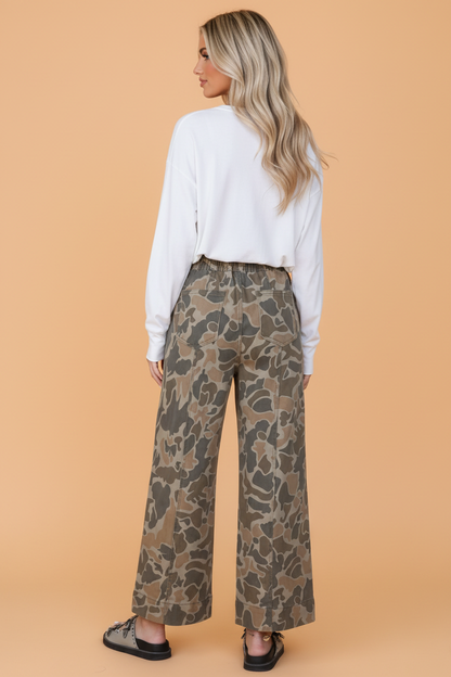 PRETTY BASH Camo Exposed Seam Drawstring Wide Leg Jeans