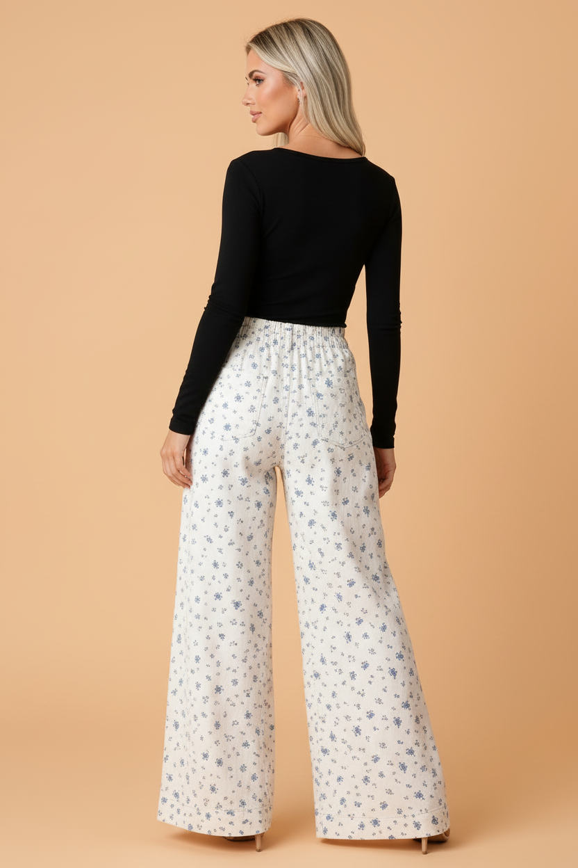 PRETTY BASH Floral Pleated Buttoned High Waist Wide Leg Jeans
