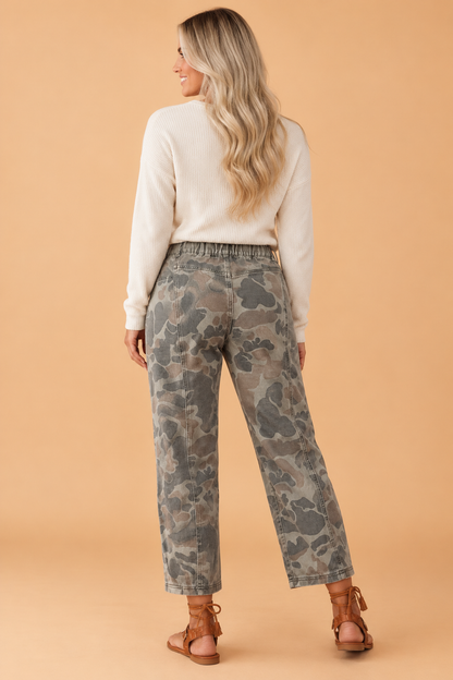 PRETTY BASH Camouflage Denim Patchwork Barrel Leg Jeans