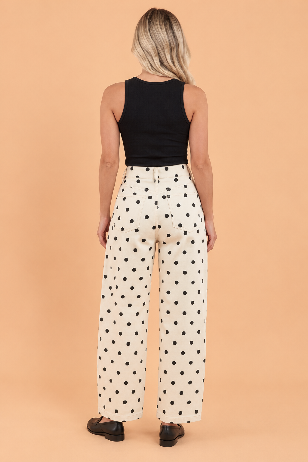 PRETTY BASH Polka Dot Denim Curved Seam Barrel Leg Jeans