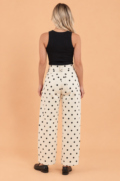 PRETTY BASH Polka Dot Denim Curved Seam Barrel Leg Jeans