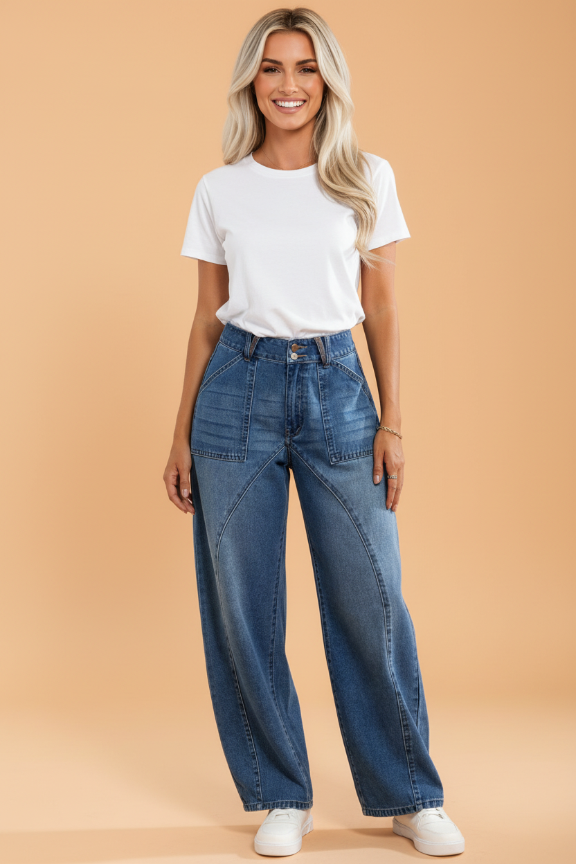 PRETTY BASH Solid Denim High Waist Barrel Leg Jeans