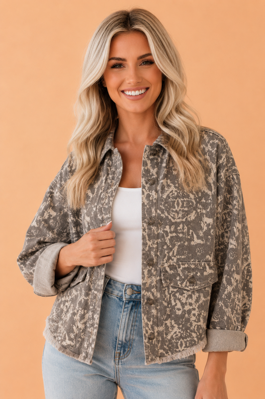 Abstract Denim Raw Hem Buttoned Collar Jacket