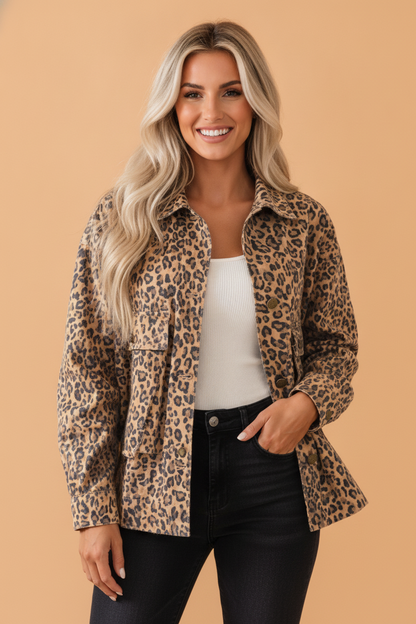 Leopard Denim Patch Pocket Buttoned Collar Jacket