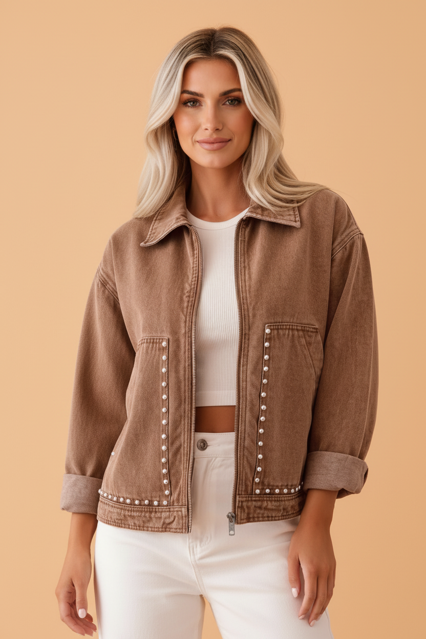 PRETTY BASH Solid Denim Studded Pocket Zip Up Jacket