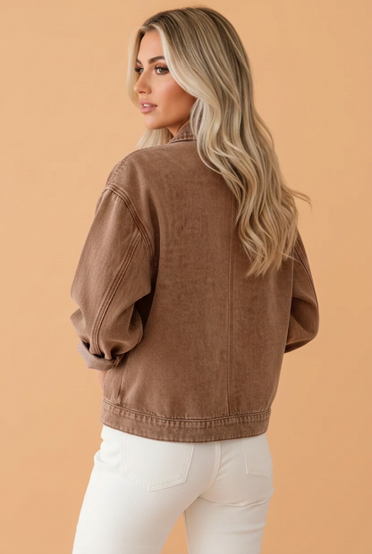 PRETTY BASH Solid Denim Studded Pocket Zip Up Jacket