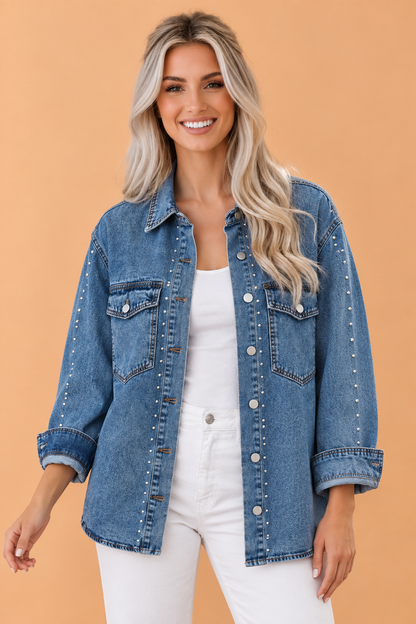 Western Studded Denim Buttoned Chest Pocket Jacket