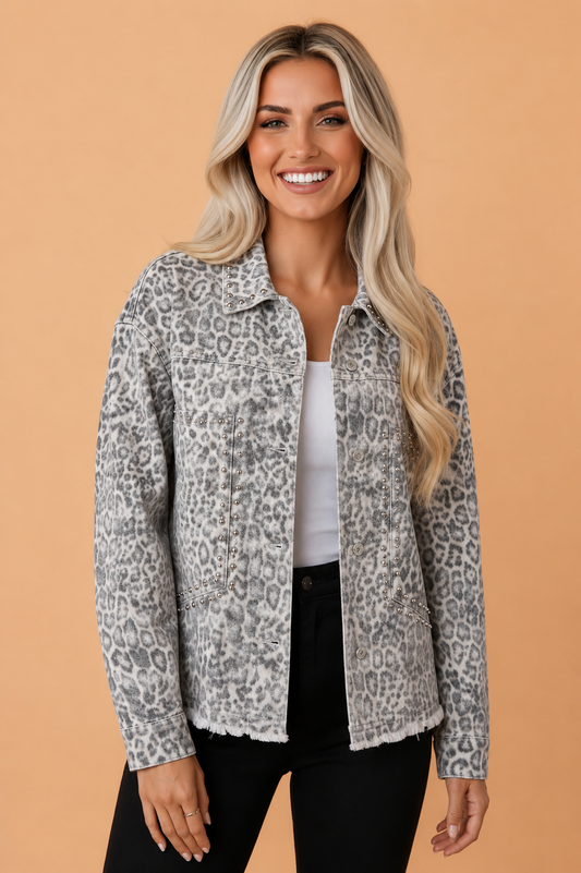Leopard Denim Studded Patch Pocket Collared Jacket