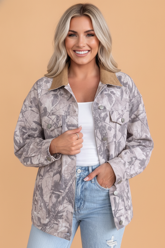 Camo Denim Corduroy Collar Button Front Jacket