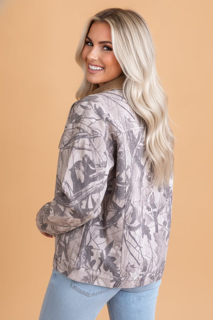 Camo Denim Corduroy Collar Button Front Jacket