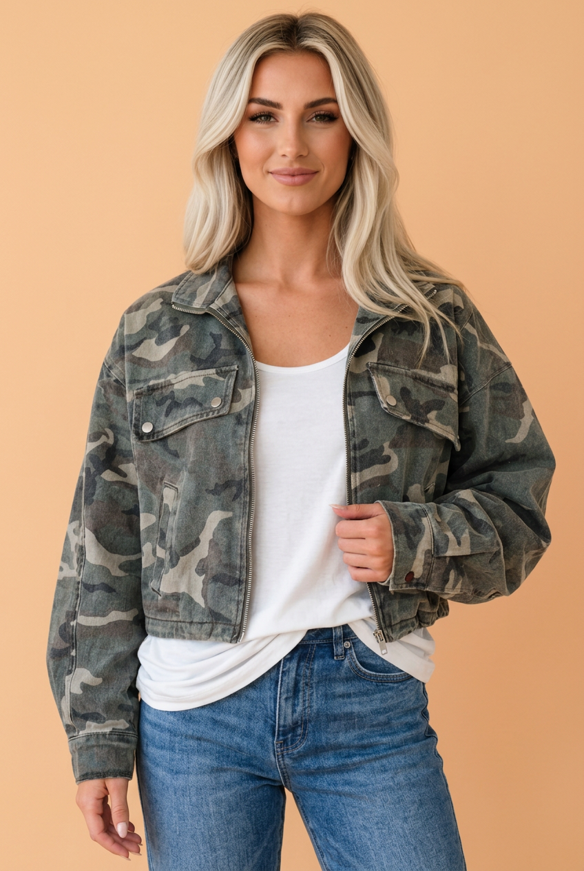PRETTY BASH Camo Denim Pleated Puff Sleeve Zip-Up Jacket