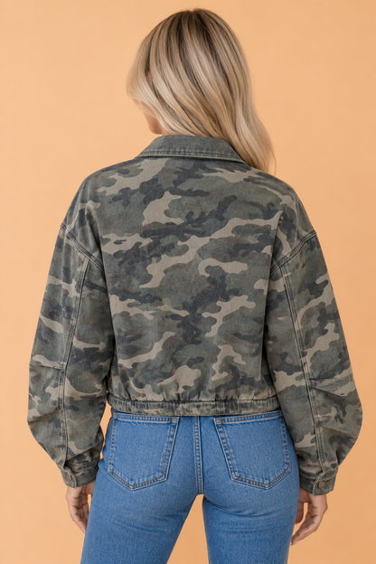 PRETTY BASH Camo Denim Pleated Puff Sleeve Zip-Up Jacket