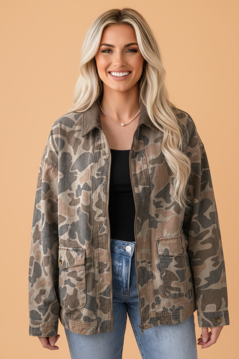 PRETTY BASH Camo Denim Corduroy Contrast Collar Zip Up Jacket