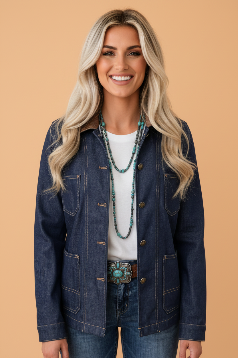 PRETTY BASH Denim Contrast Collar Stitching Button Front Jacket
