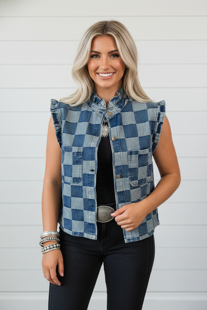 Checker Ruffle Trim Button Down Denim Vest