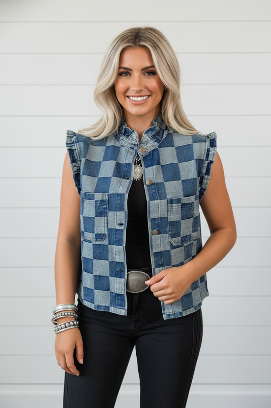 Checker Ruffle Trim Button Down Denim Vest