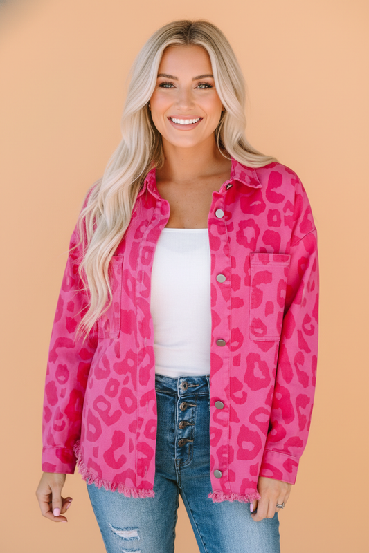 Leopard Buttoned Cuff Raw Hem Denim Jacket