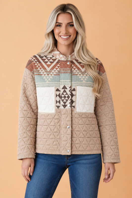PRETTY BASH Western Aztec Patchwork Quilted Zip Up Jacket