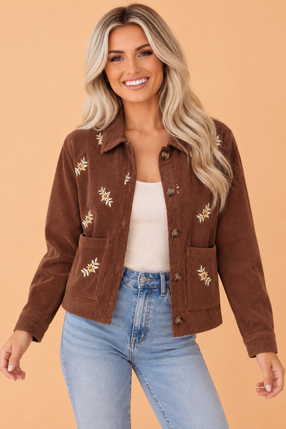 Floral Corduroy Embroidered Button-Front Jacket