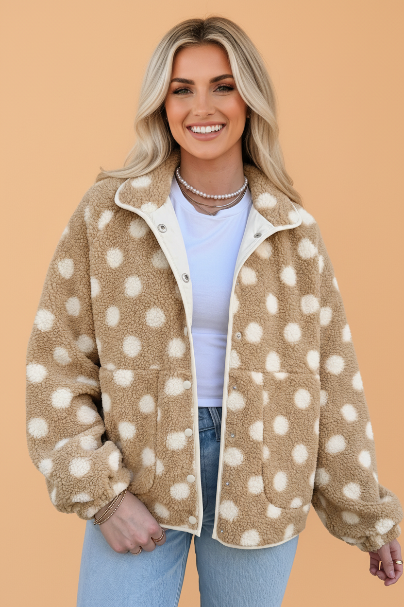 PRETTY BASH Polka Dot Fleece Zipped Pocket Button Up Jacket