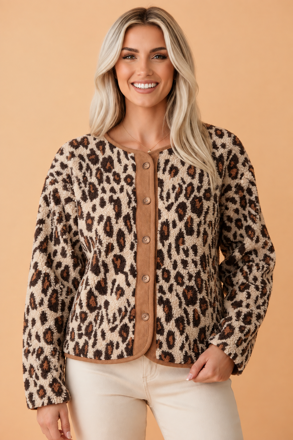 PRETTY BASH Leopard Plush Corduroy Trim Long Sleeve Jacket