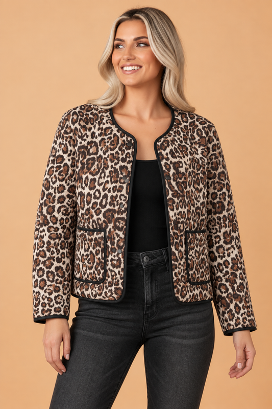 Leopard Quilted Button Front Patch Pocket Jacket