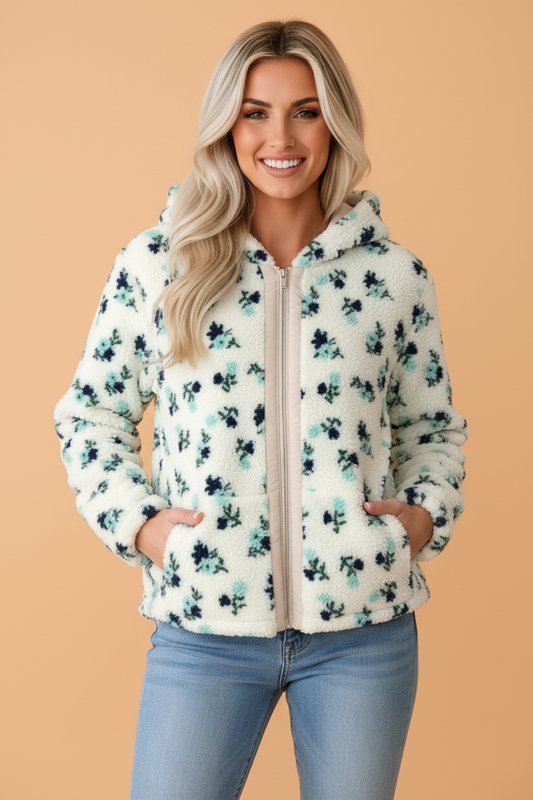 PRETTY BASH Floral Sherpa Fleece Zip-Up Hooded Jacket