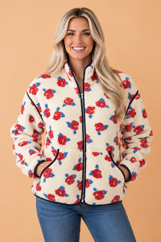 PRETTY BASH Floral Fleece Contrast Trim Zip Up Coat