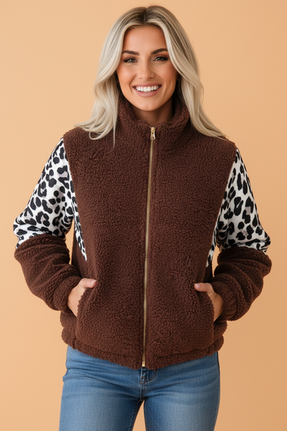 Leopard Patchwork Fleece Zip-Up Collared Jacket