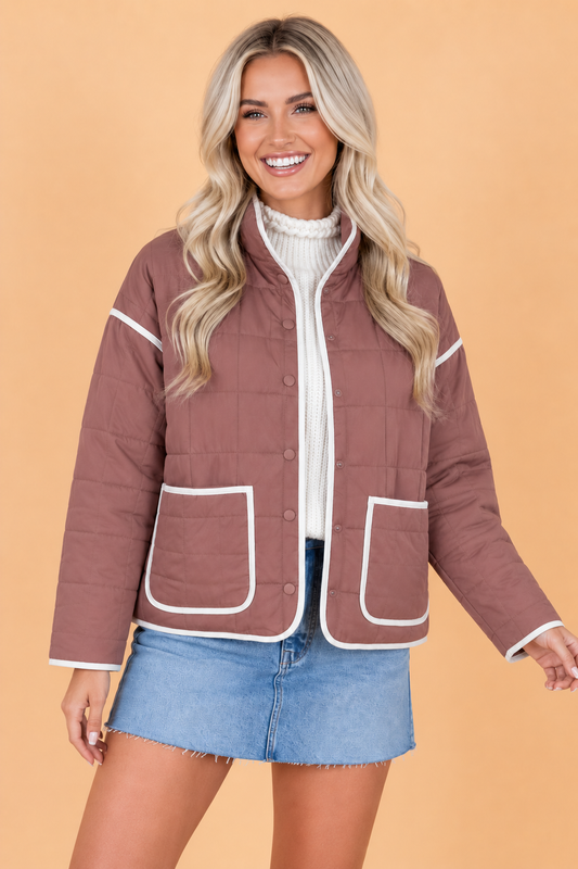 Contrast Trim Quilted Patch Pocket Buttoned Jacket