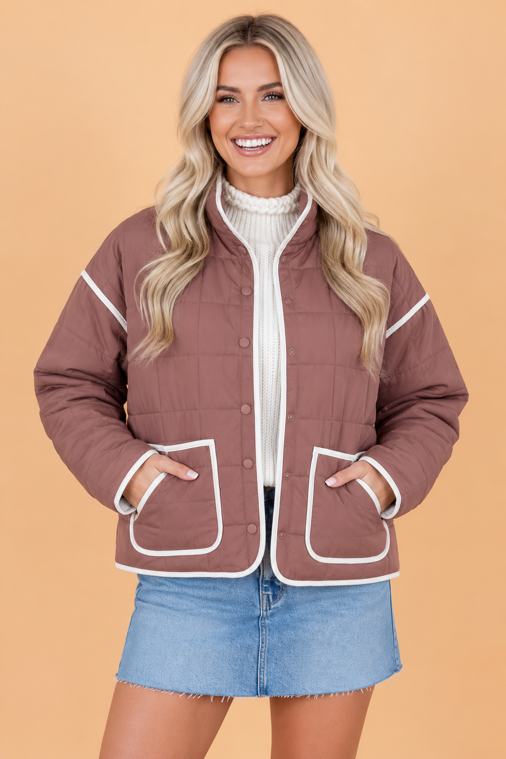 Contrast Trim Quilted Patch Pocket Buttoned Jacket