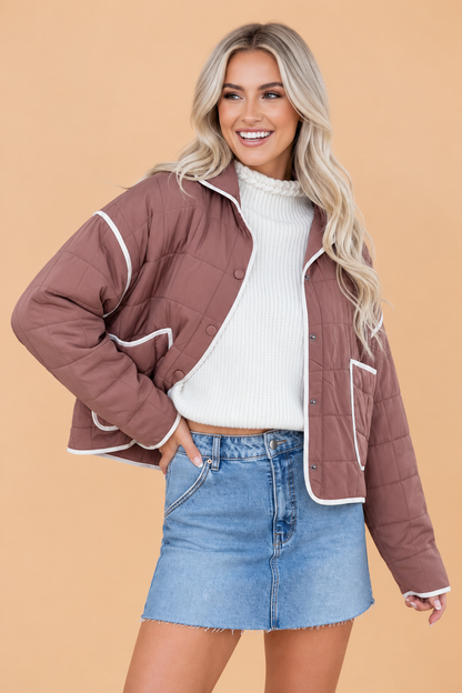 Contrast Trim Quilted Patch Pocket Buttoned Jacket