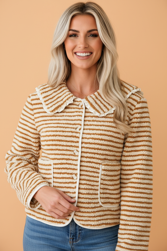 Stripe Fleece Ruffle Collar Button Front Jacket