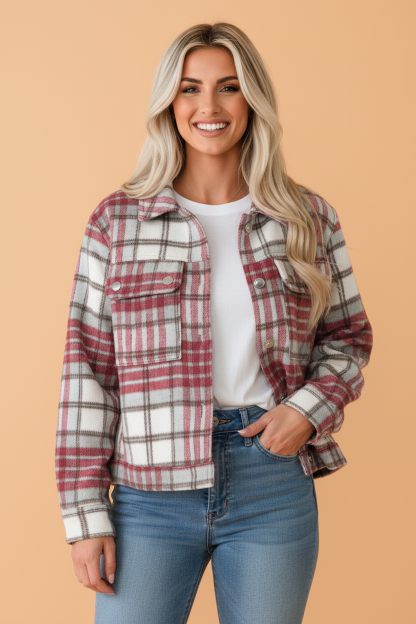 PRETTY BASH Plaid Flannel Snap Button Collared Jacket