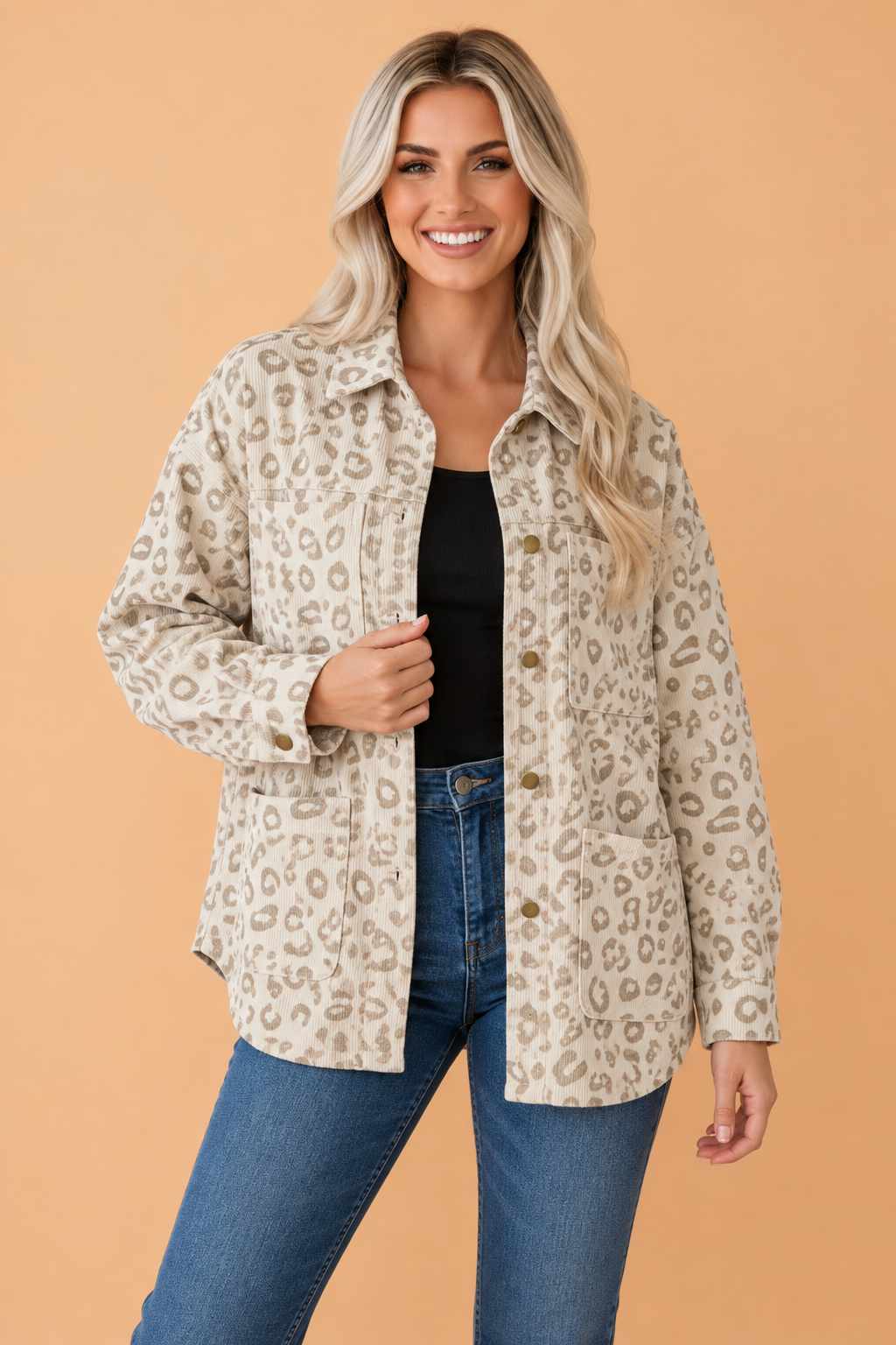 PRETTY BASH Leopard Corduroy Collared Patch Pocket Jacket