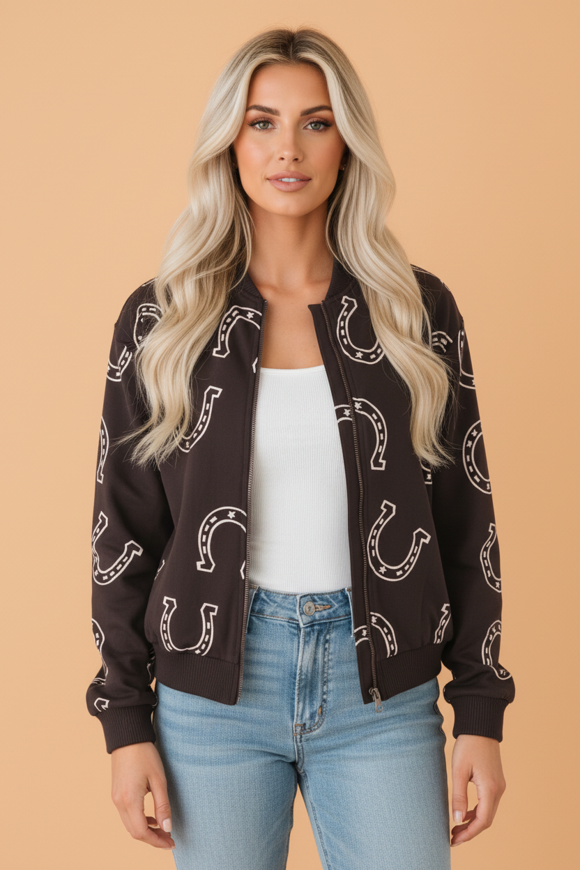 PRETTY BASH Western Horseshoe Zip-Up Pocket Jacket