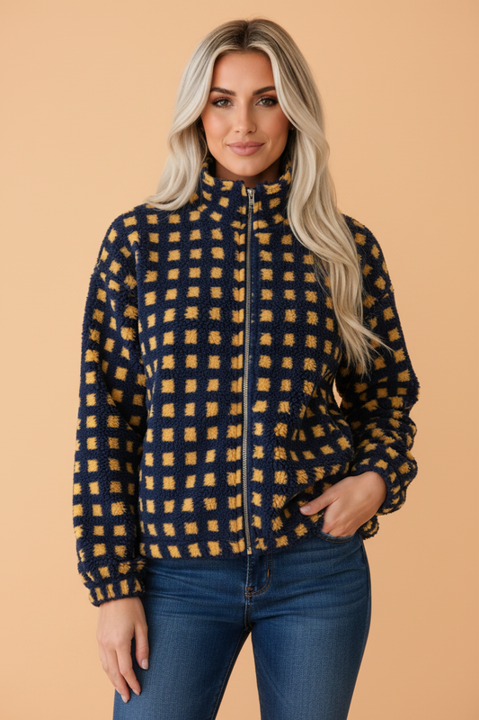PRETTY BASH Gingham Sherpa Fleece Zip-Up Jacket