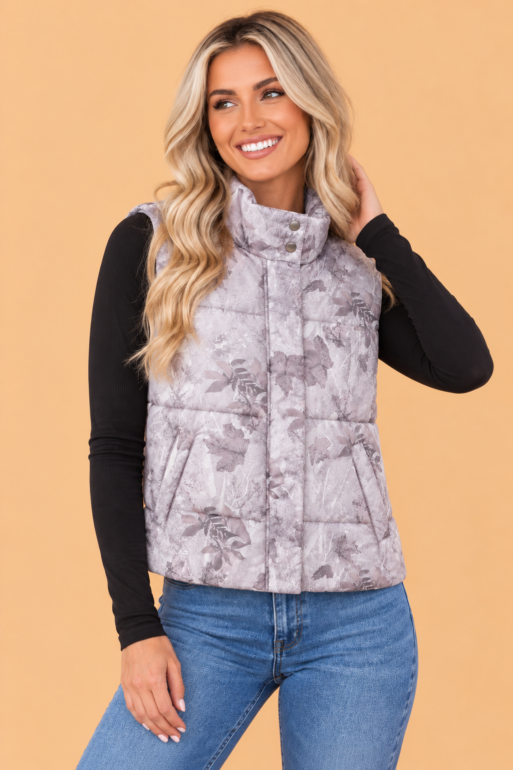 PRETTY BASH Woodland Camo Collared Sleeveless Puffer Vest