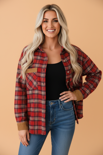 Plaid Corduroy Contrast Trim Collared Shacket