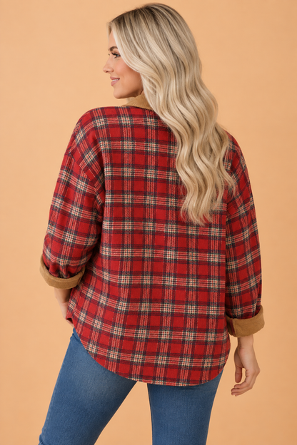 Plaid Corduroy Contrast Trim Collared Shacket