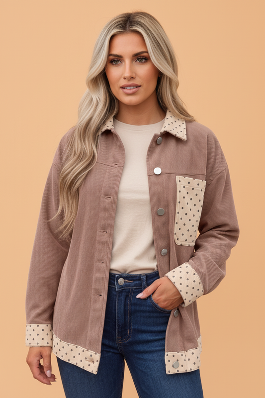 PRETTY BASH Polka Dot Patchwork Corduroy Button-Up Shacket