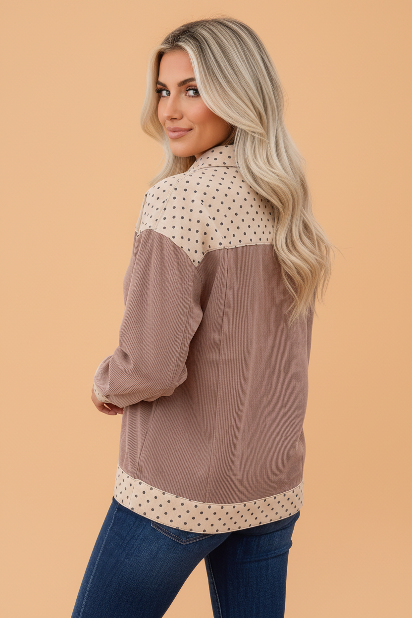 PRETTY BASH Polka Dot Patchwork Corduroy Button-Up Shacket